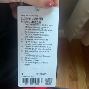 Lululemon BLK CONVERTIBLE HR HIKING JOGGER size 4